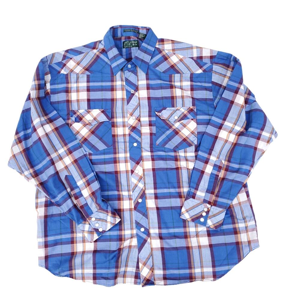 Vintage Plaid Western Shirt Pearl Snap Long Sleeve Blue Red Cowboy J. Forest XL